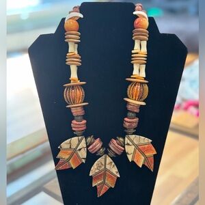 Vintage Handcrafted Bone Wood and Stone Leaf Necklace